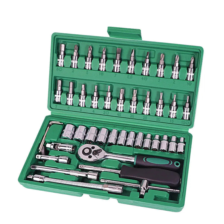 46-piece metric socket set with ratchet and torque wrench in green plastic storage box, alloy steel tools for auto repairs