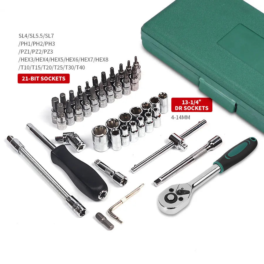 46-piece metric socket set with ratchet and torque wrench in green plastic storage box, alloy steel tools for auto repairs