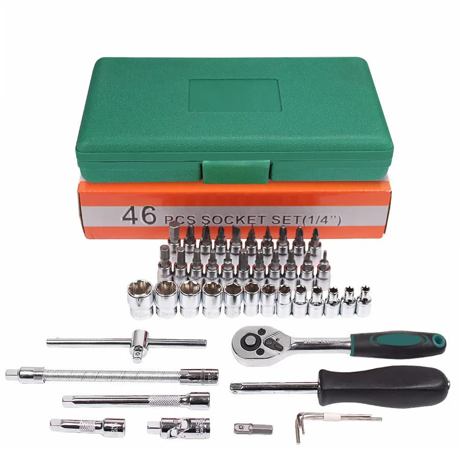46-piece metric socket set with ratchet and torque wrench in green plastic storage box, alloy steel tools for auto repairs