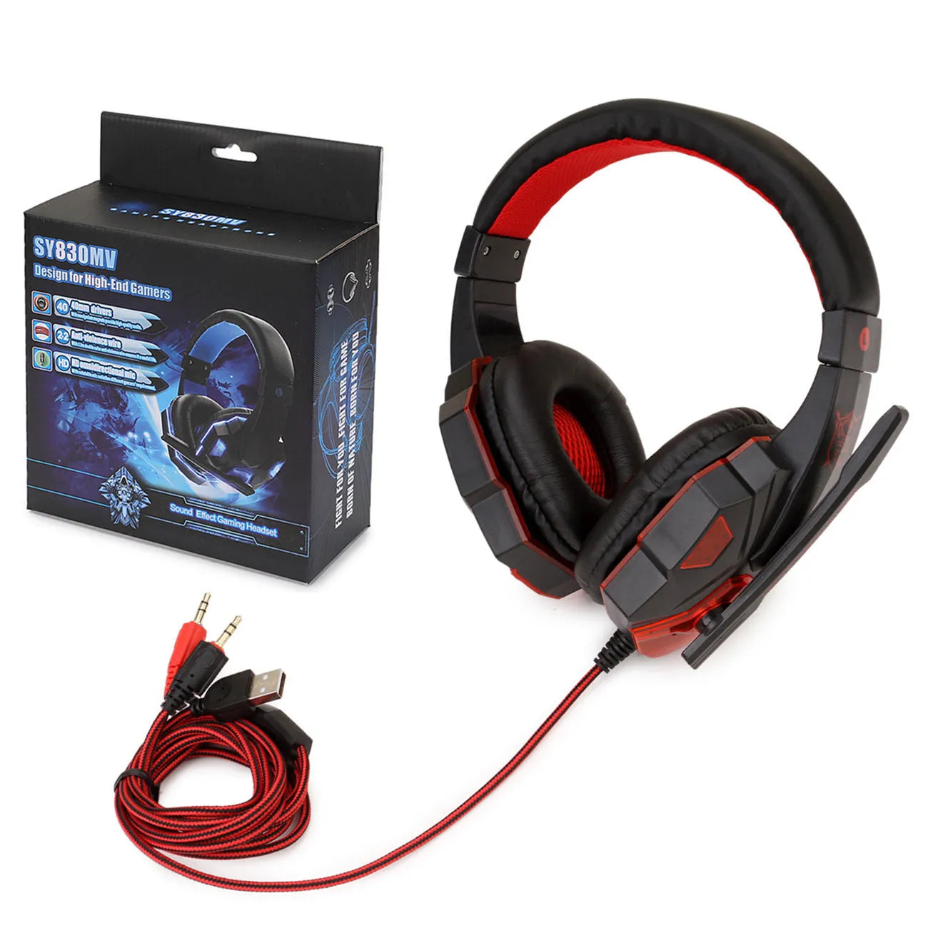 Wired gaming headset with tanned leather ear cushions and braided wire in Black Red colour option