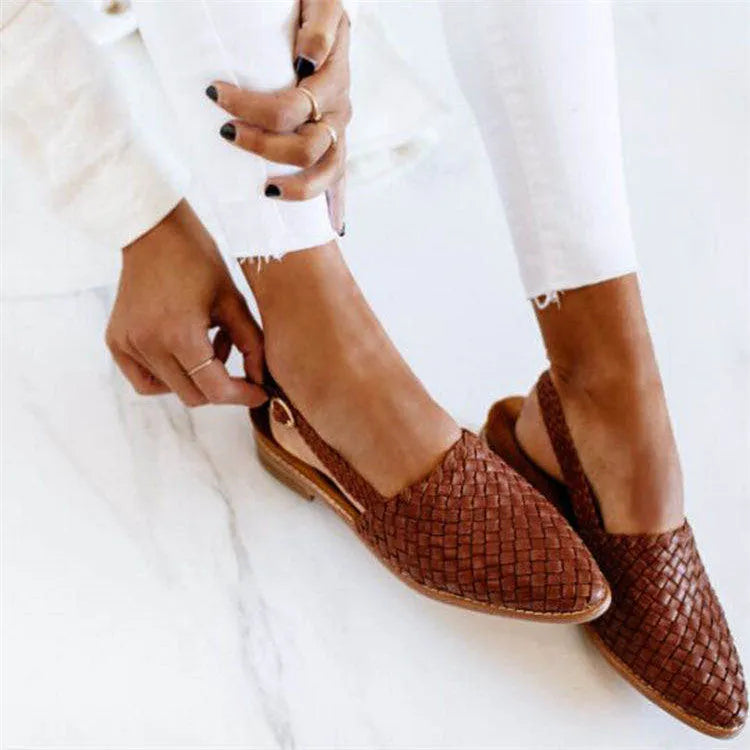 Baotou flat sandals with buckle fastening, pointed toe, and microfibre upper in various colours