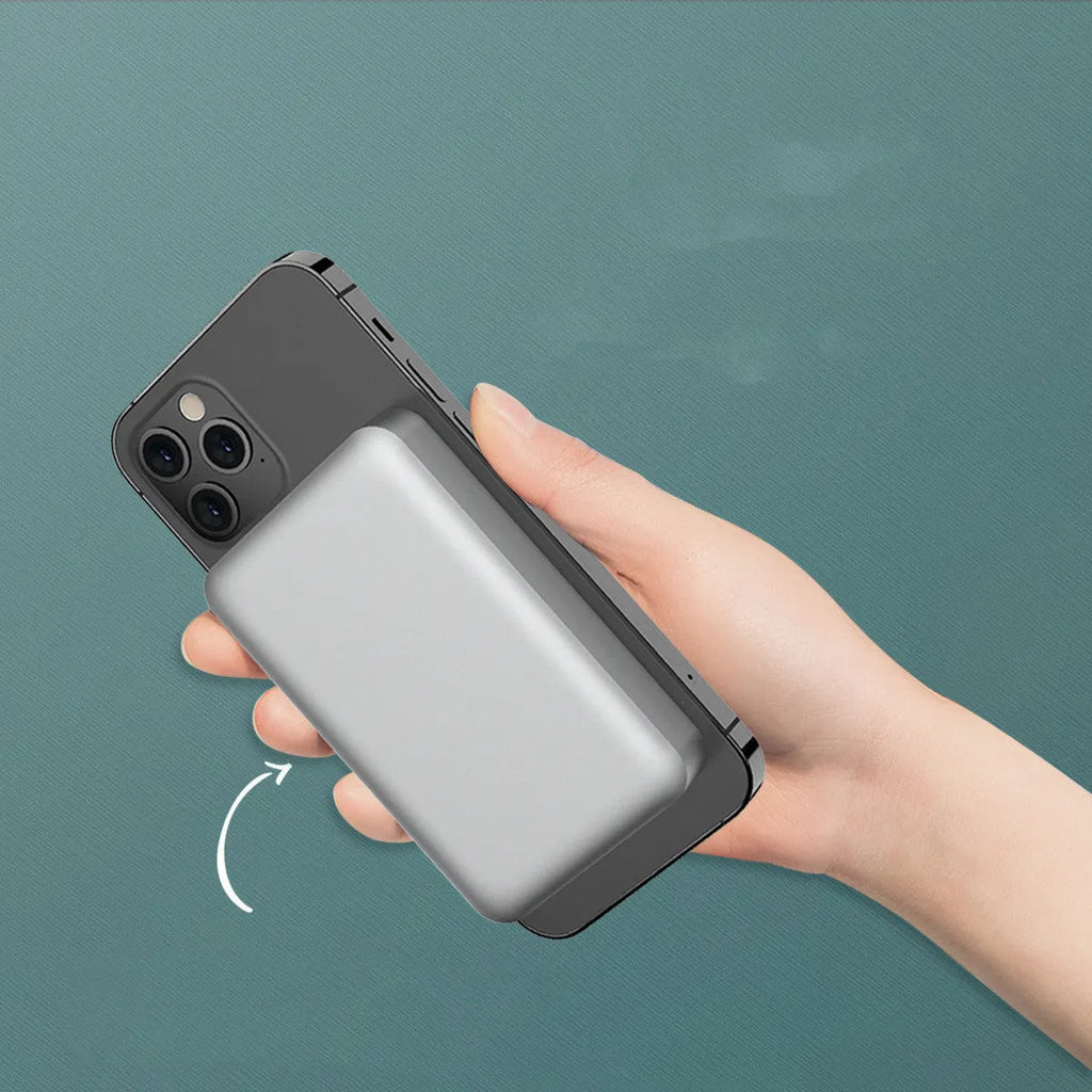 Silver aluminium wireless magnetic charging power bank with 5000mAh battery showing compact dimensions