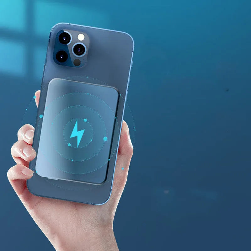 Silver aluminium wireless magnetic charging power bank with 5000mAh battery showing compact dimensions