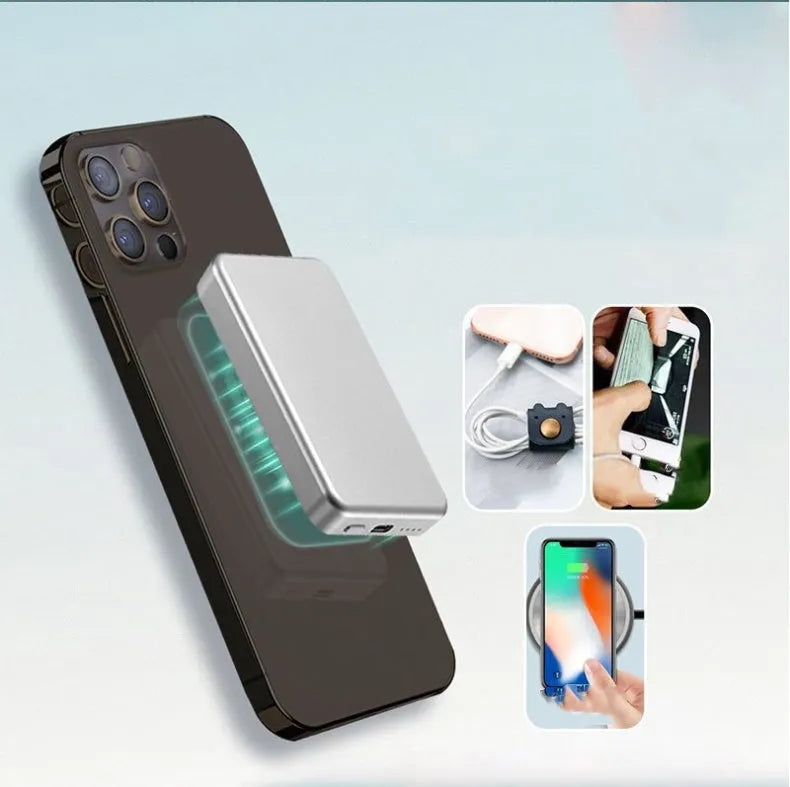 Silver aluminium wireless magnetic charging power bank with 5000mAh battery showing compact dimensions