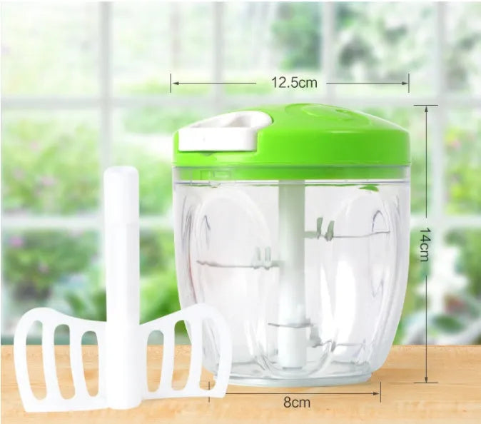Green manual kitchen chopper with three stainless steel blades and a 500ml transparent container.