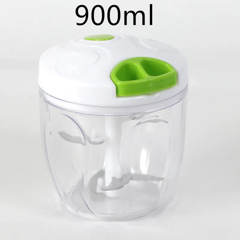Green manual kitchen chopper with three stainless steel blades and a 500ml transparent container.