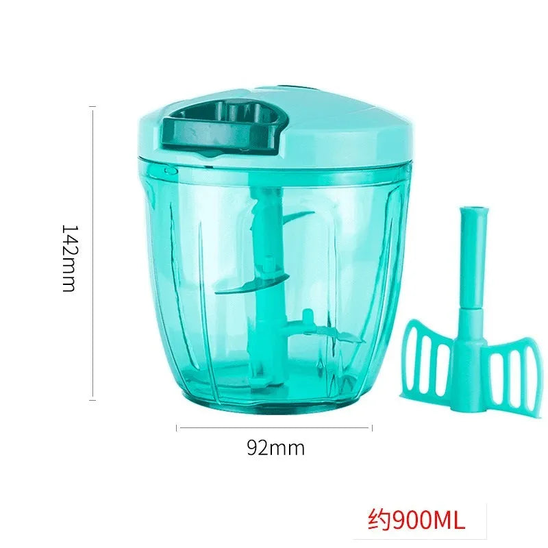 Green manual kitchen chopper with three stainless steel blades and a 500ml transparent container.