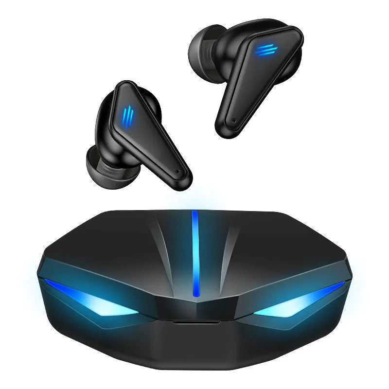 Blue Private Model K55 wireless Bluetooth gaming headset with earplug design showing bilateral stereo configuration