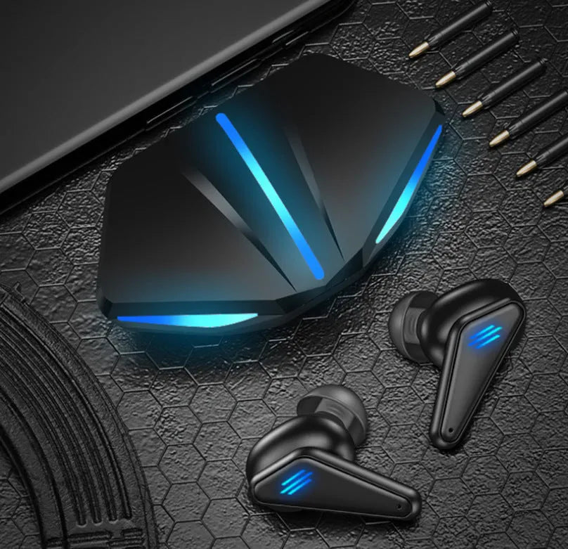Blue Private Model K55 wireless Bluetooth gaming headset with earplug design showing bilateral stereo configuration