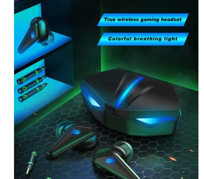 Blue Private Model K55 wireless Bluetooth gaming headset with earplug design showing bilateral stereo configuration