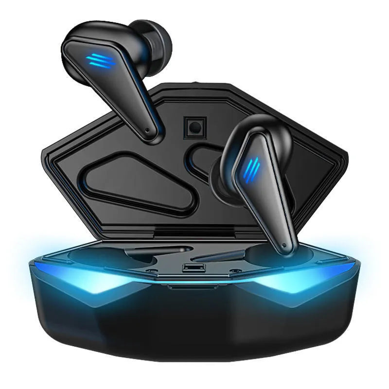 Blue Private Model K55 wireless Bluetooth gaming headset with earplug design showing bilateral stereo configuration