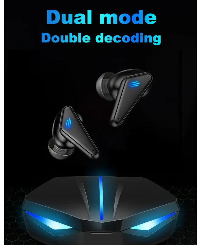 Blue Private Model K55 wireless Bluetooth gaming headset with earplug design showing bilateral stereo configuration
