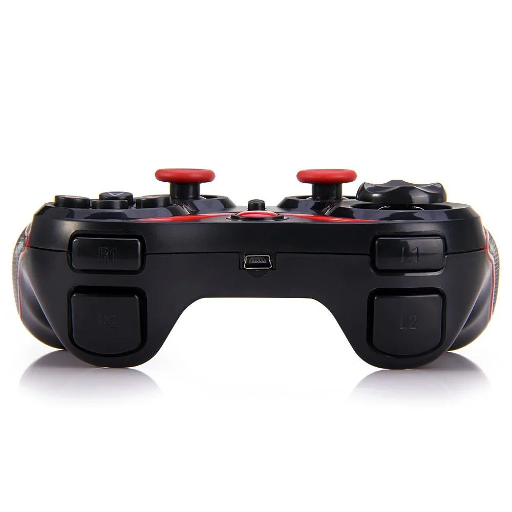 Black wireless Bluetooth game controller for Android and iOS mobile phones.