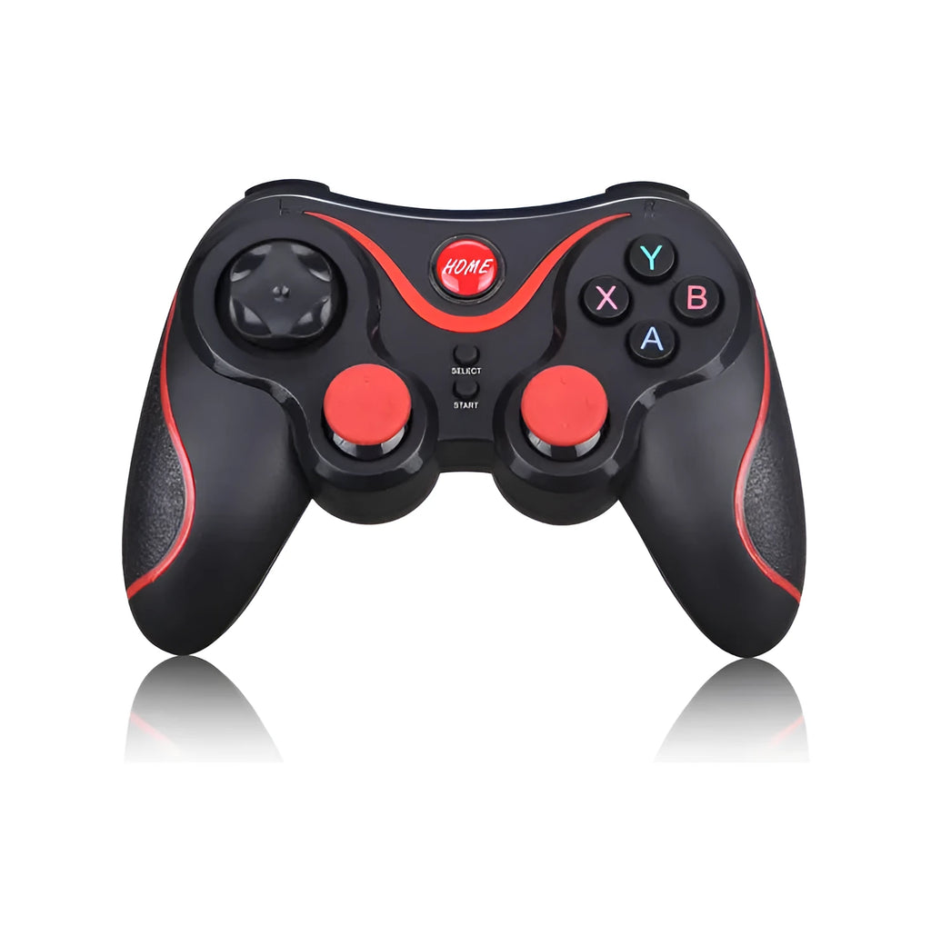 Black wireless Bluetooth game controller for Android and iOS mobile phones.