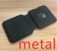 White magnetic wireless charger with foldable stand charging two smartphones simultaneously