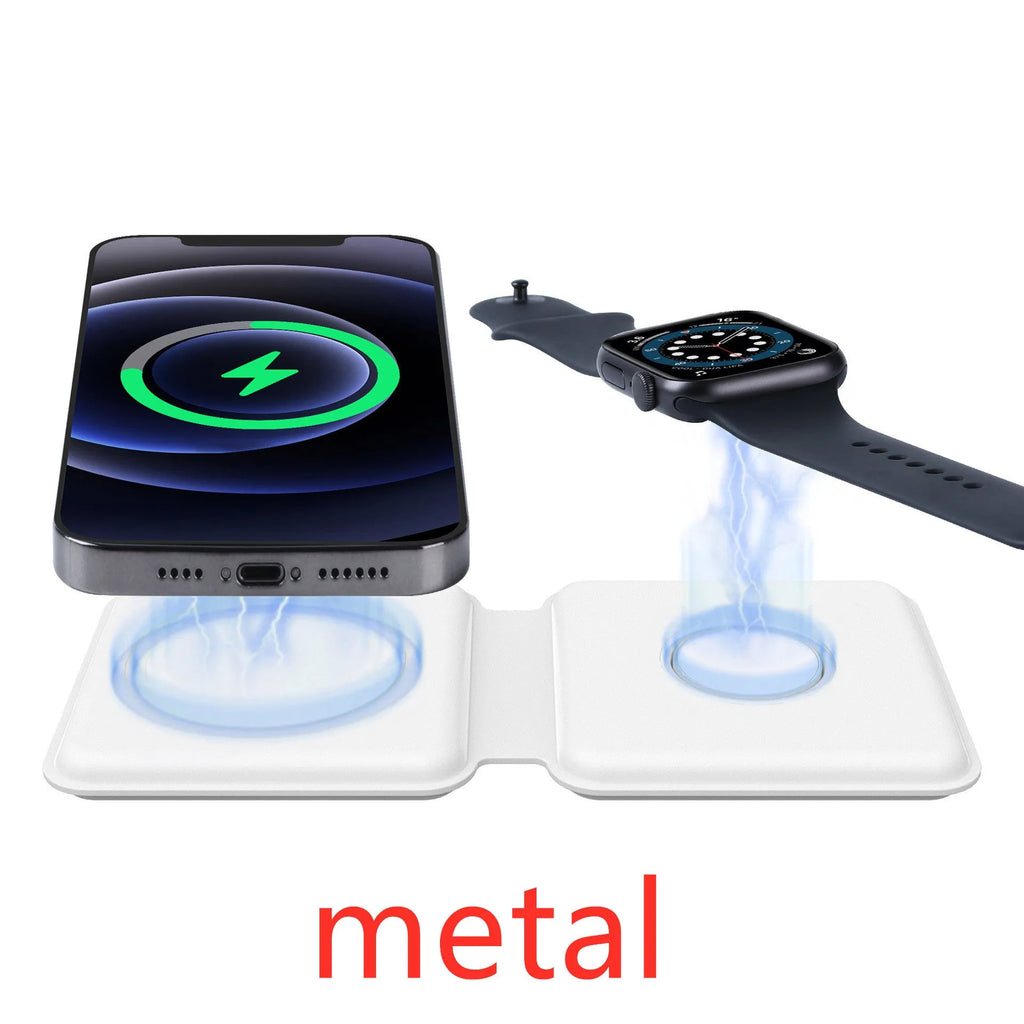 White 2 in 1 magnetic wireless charger with foldable stand charging two phones simultaneously