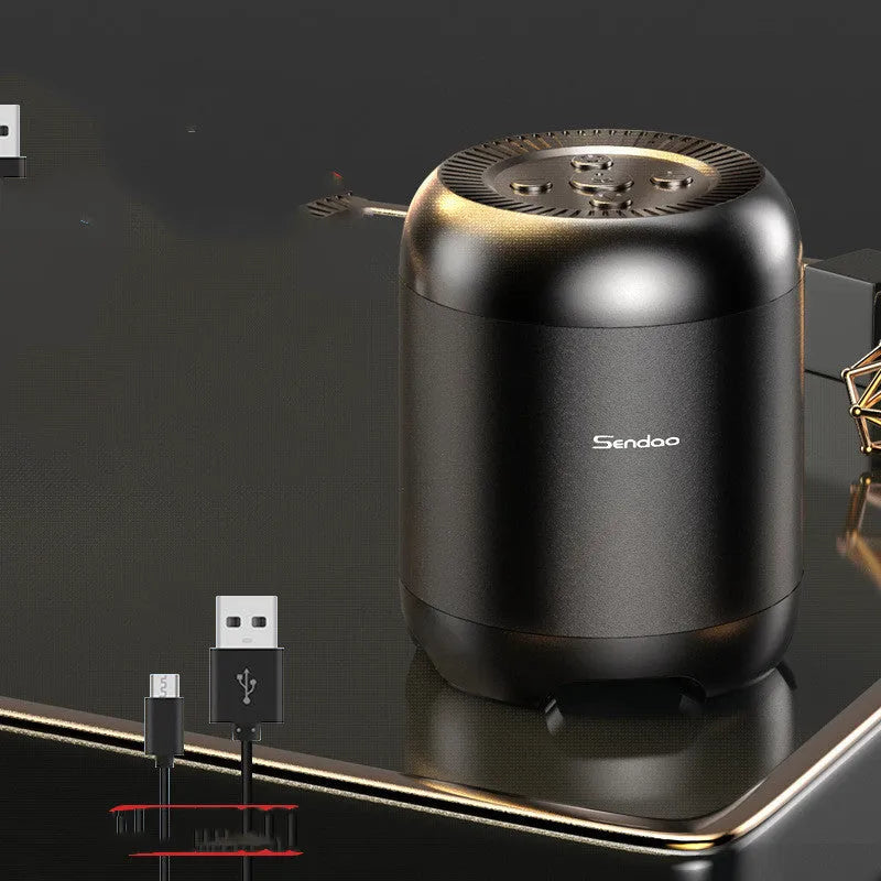 Compact wireless Bluetooth speaker with card reader slot, measuring 90x73x73mm, in black or white colour