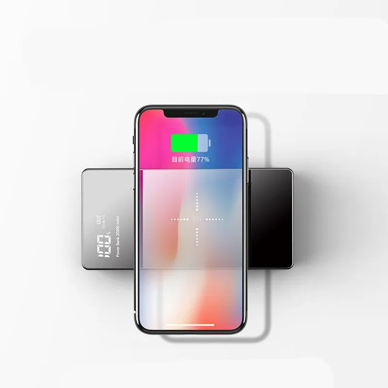 Wireless charging power bank with digital display showing battery percentage