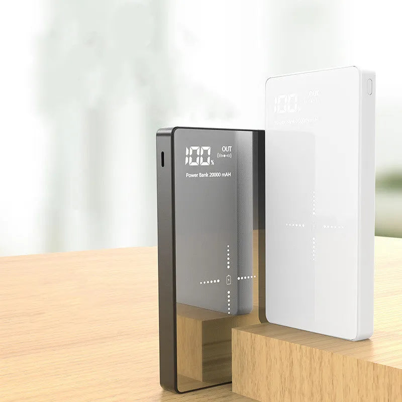 Wireless charging power bank with digital display showing battery percentage