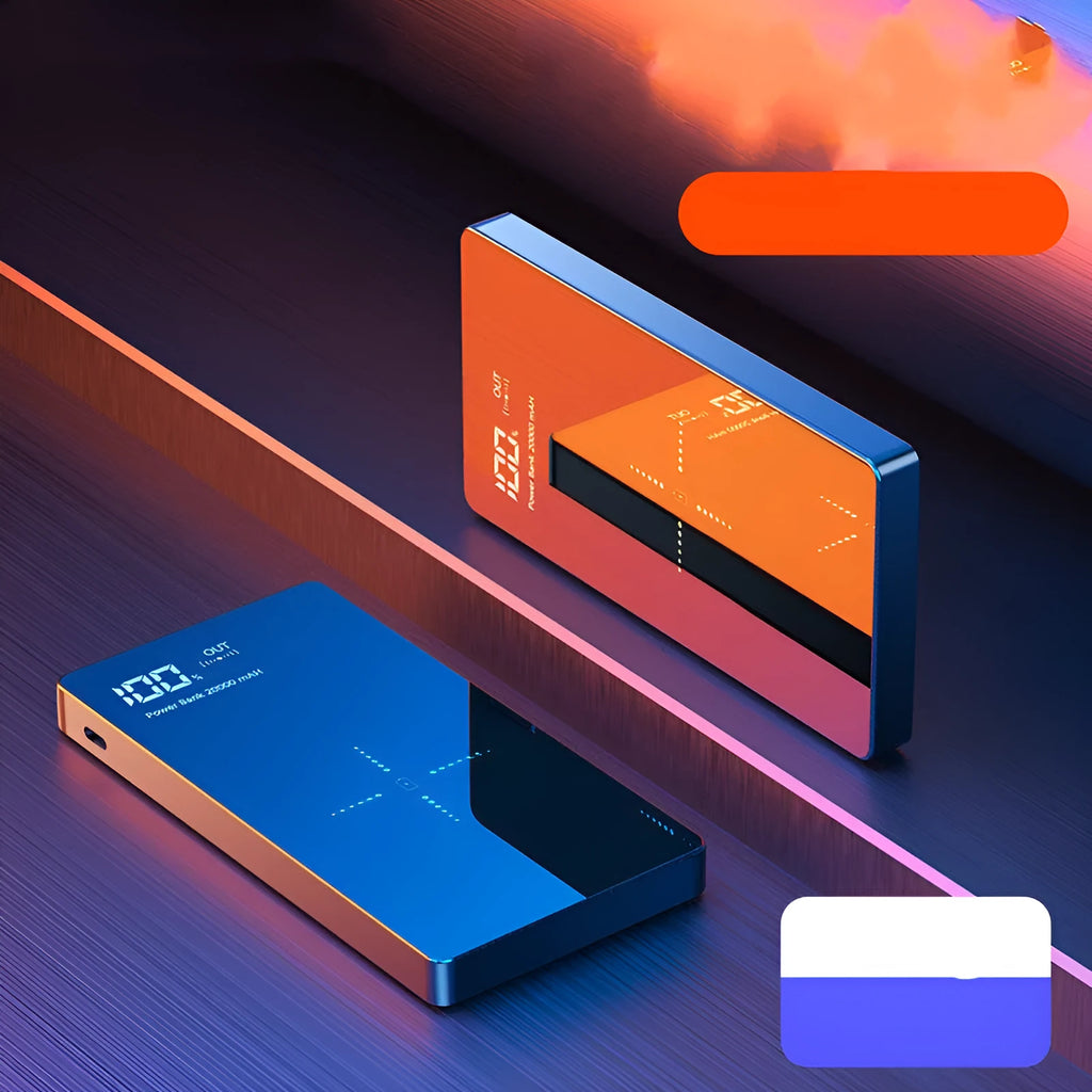 Wireless charging power bank with digital display showing battery percentage