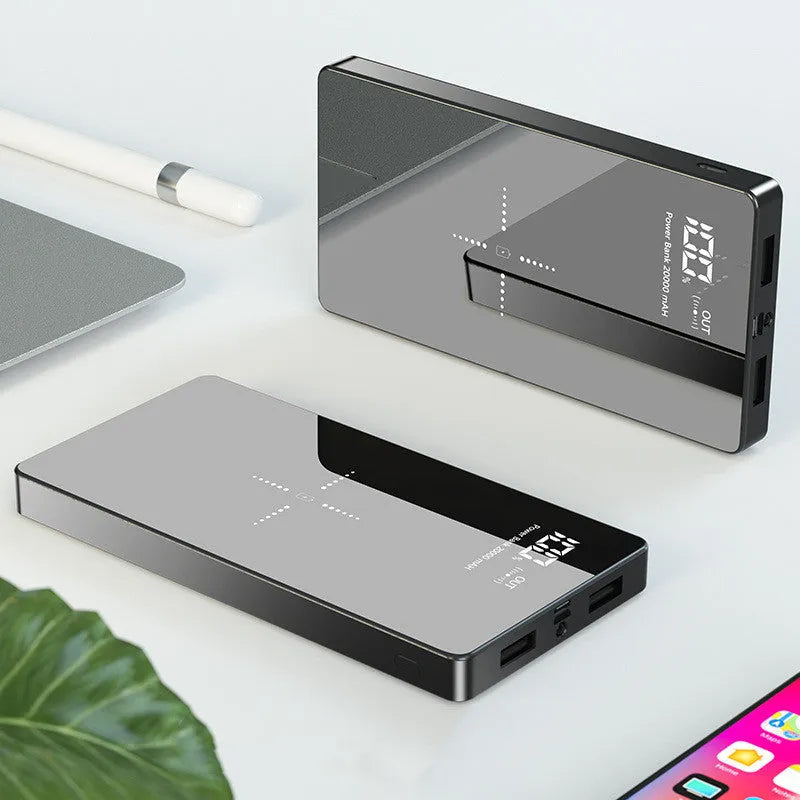 Wireless charging power bank with digital display showing battery percentage
