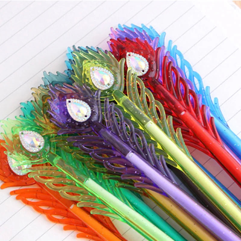 Peacock feather colour gel pen with replaceable refill, 19cm length with 0.5mm writing thickness