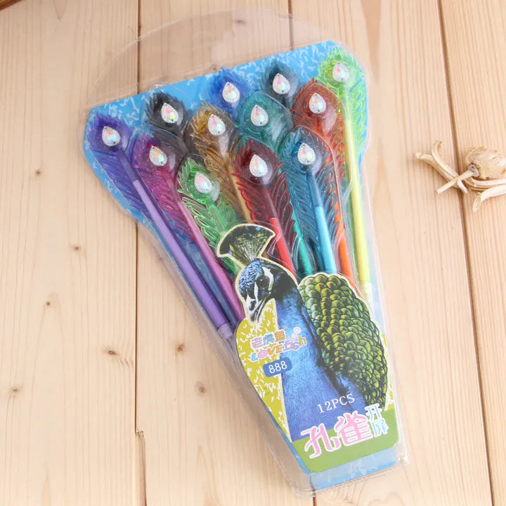 Peacock feather colour gel pen with replaceable refill, 19cm length with 0.5mm writing thickness