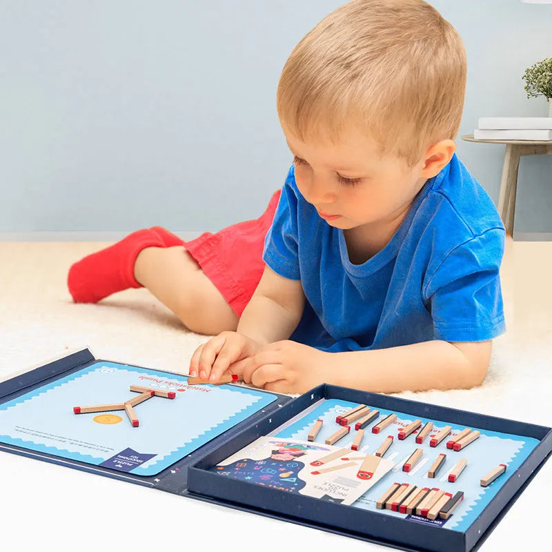 Montessori wooden educational toy with matchsticks and question cards for children's puzzle solving.