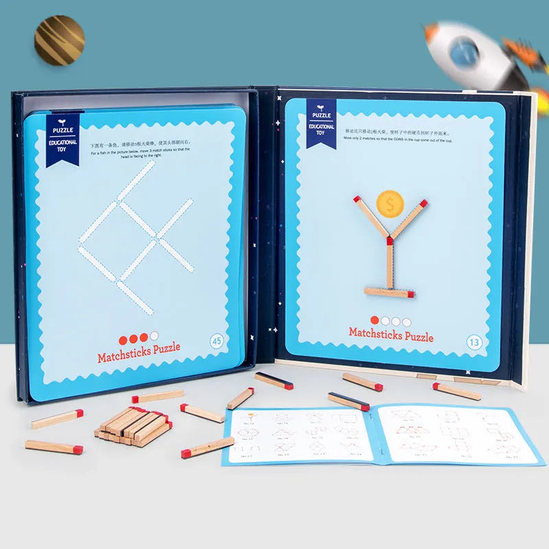 Montessori wooden educational toy with matchsticks and question cards for children's puzzle solving.