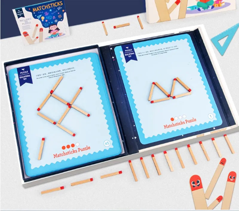 Montessori wooden educational toy with matchsticks and question cards for children's puzzle solving.