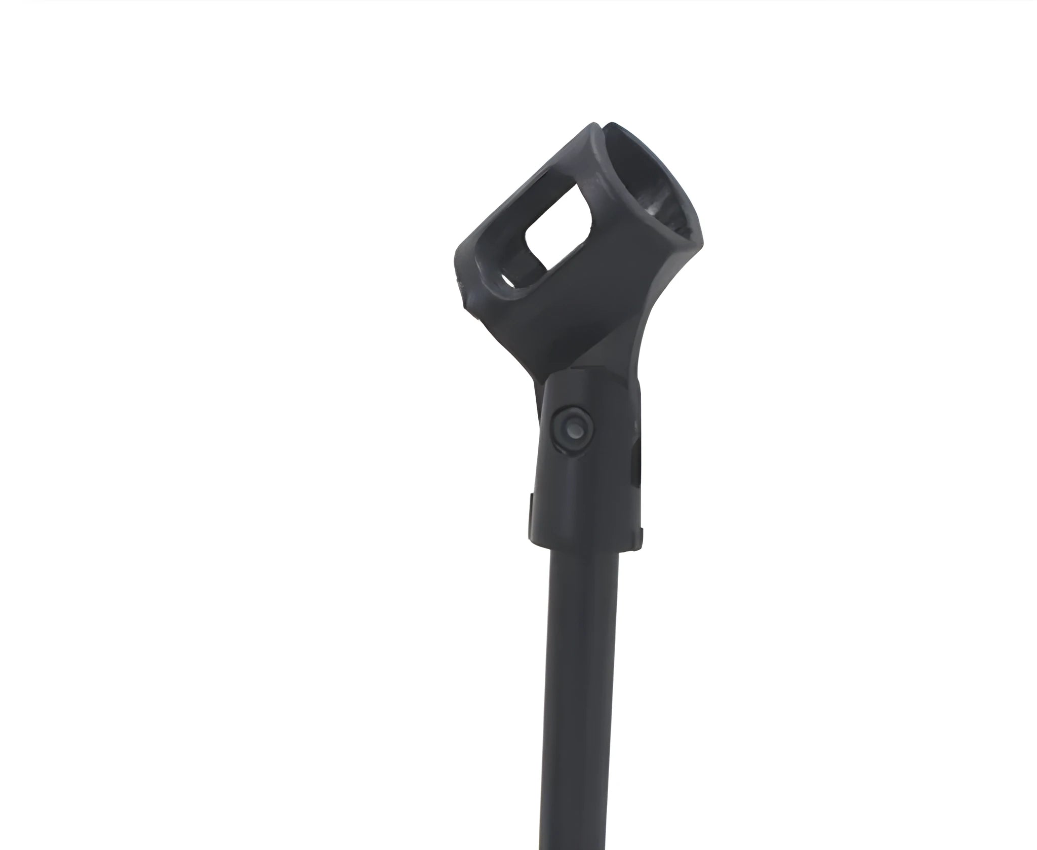 Black metal desktop microphone stand with a plastic clip on a 10.5cm base.