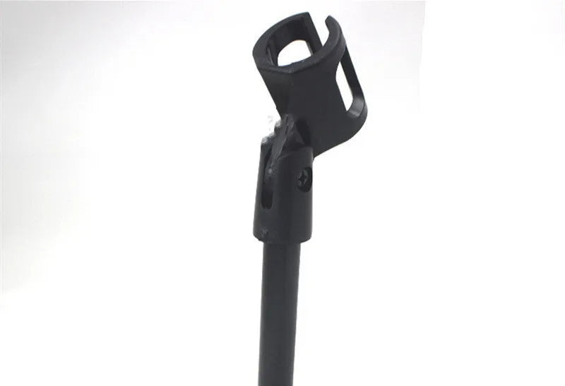 Black metal desktop microphone stand with a plastic clip on a 10.5cm base.