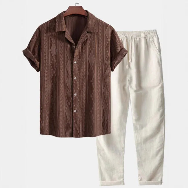Camouflage print short-sleeved shirt and trousers suit with cardigan lapel, slim fit, and thin linen fabric for leisure wear