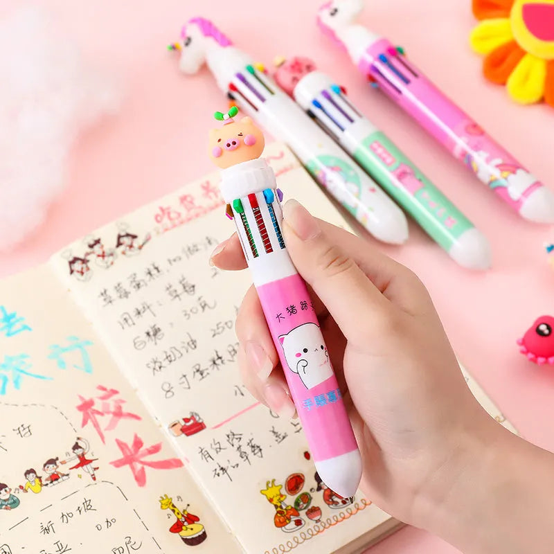 Little Angel 10 colour cartoon ball pen with dinosaur unicorn pig designs and 0.5mm writing tip