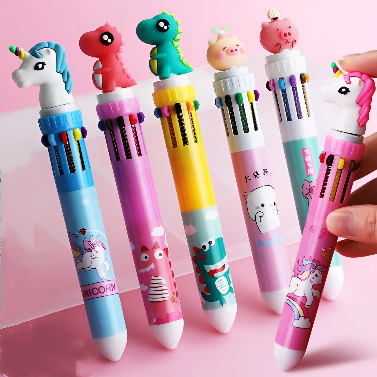 Little Angel 10 colour cartoon ball pen with dinosaur unicorn pig designs and 0.5mm writing tip