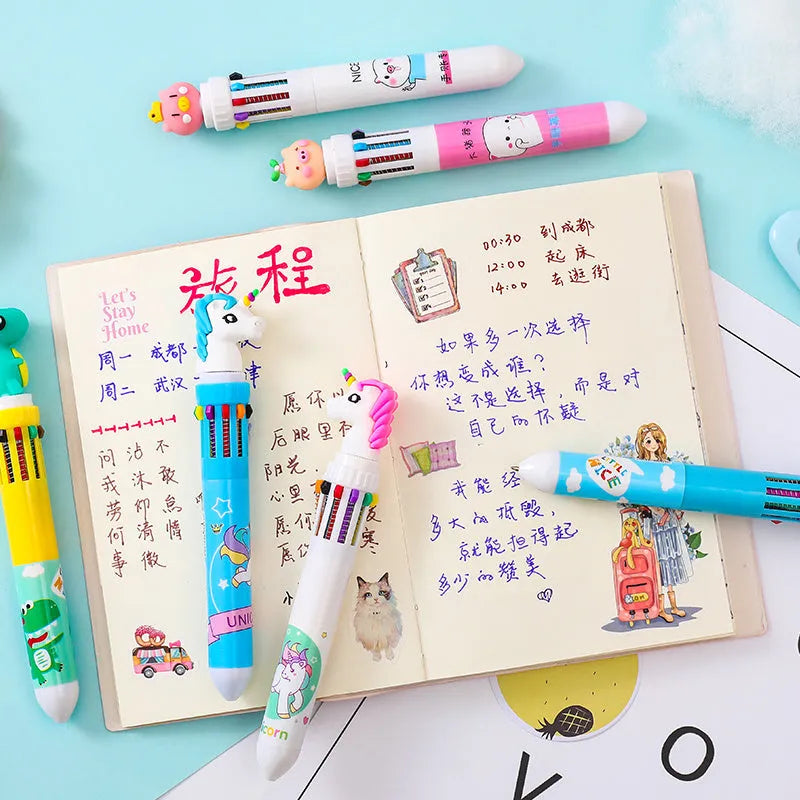 Little Angel 10 colour cartoon ball pen with dinosaur unicorn pig designs and 0.5mm writing tip