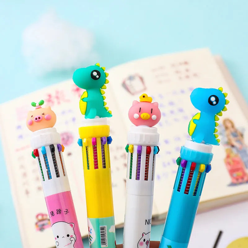 Little Angel 10 colour cartoon ball pen with dinosaur unicorn pig designs and 0.5mm writing tip