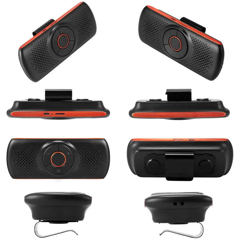 Orange Bluetooth car hands-free speaker mounted on vehicle sun visor