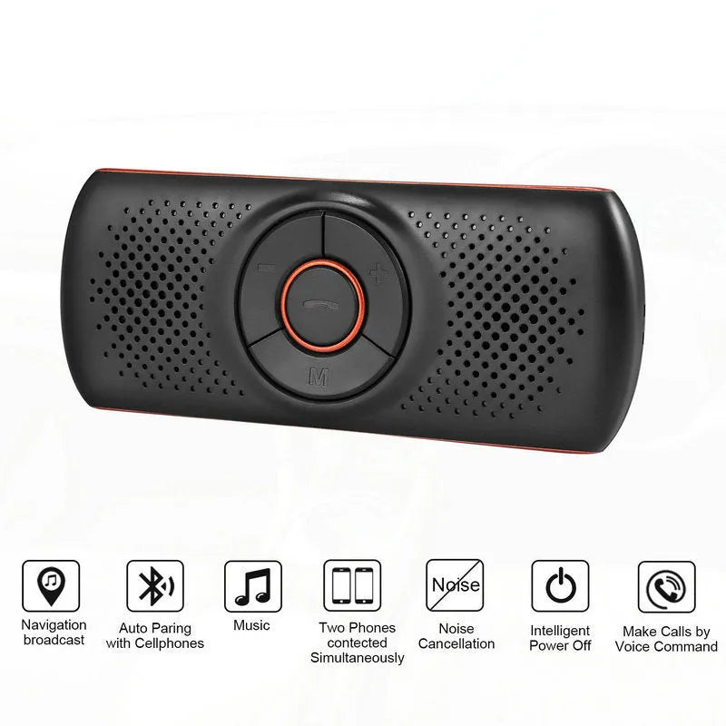 Orange Bluetooth car hands-free speaker mounted on vehicle sun visor