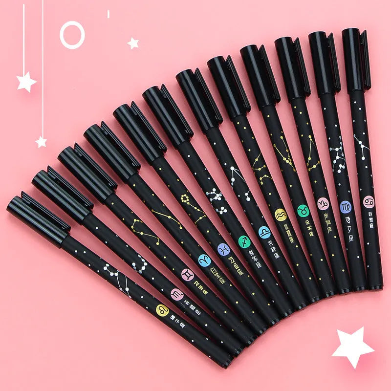 12 constellation-themed gel pens with 0.5mm needle-tube tips in five different style options