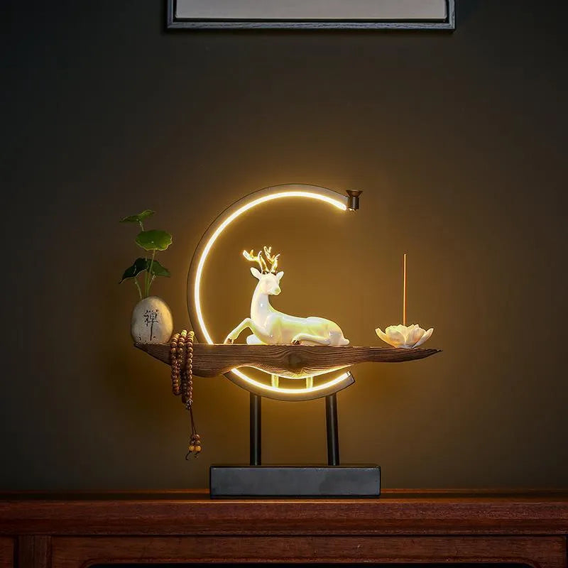 White ceramic deer ornament with USB light ring, traditional craft living room figurine
