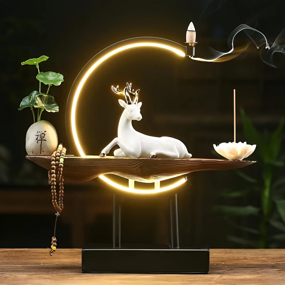 White ceramic deer ornament with USB light ring, traditional craft living room figurine
