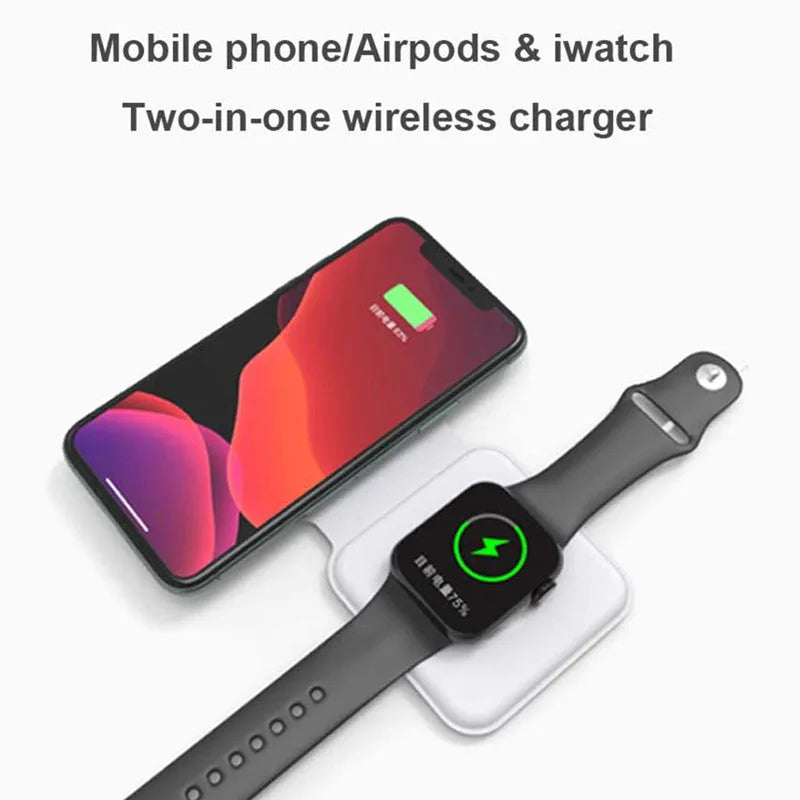 White magnetic wireless charger with foldable stand charging two smartphones simultaneously