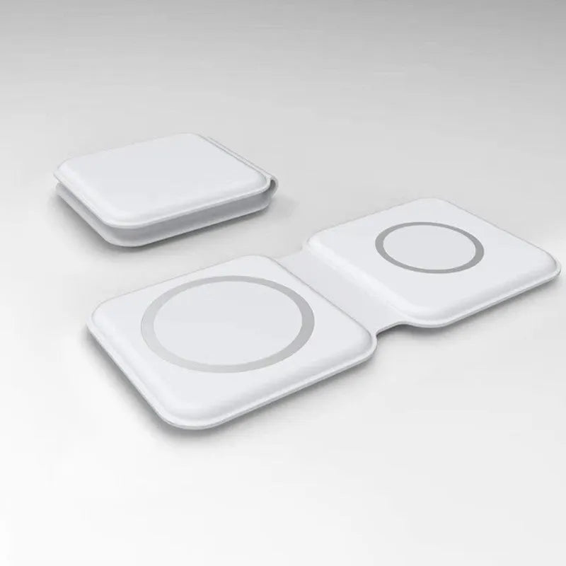 White 2 in 1 magnetic wireless charger with foldable stand charging two phones simultaneously