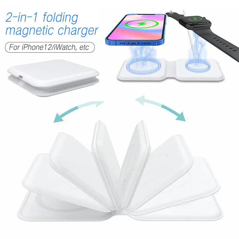 White 2 in 1 magnetic wireless charger with foldable stand charging two phones simultaneously