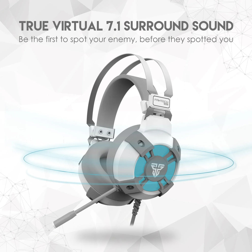 FANTECH HG11 black gaming headset with RGB lights, 50mm drivers, and USB plug
