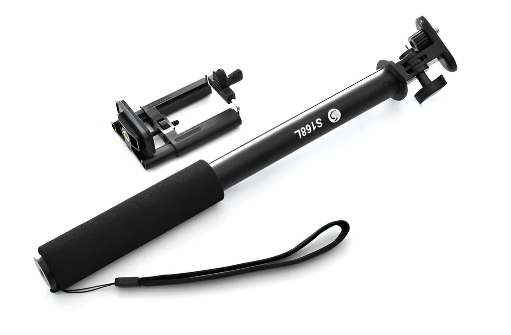 Aluminium alloy telescopic selfie stick for mobile phones in black, red, and gold colour options