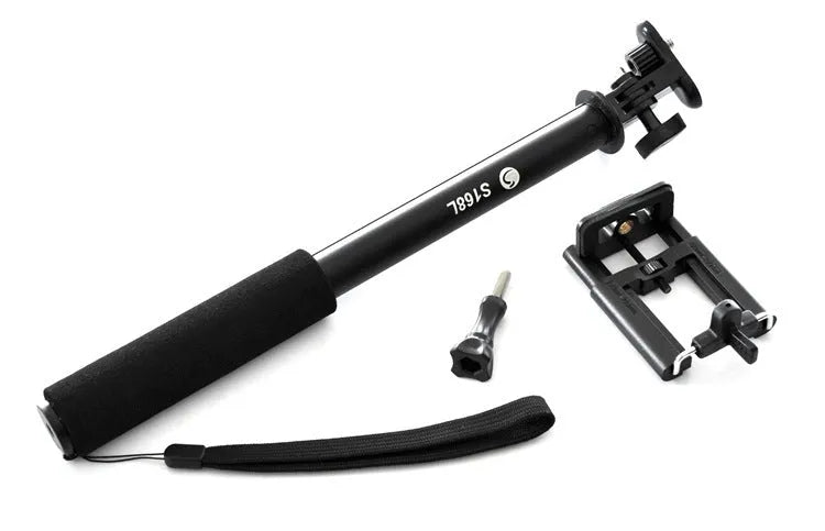 Aluminium alloy telescopic selfie stick for mobile phones in black, red, and gold colour options