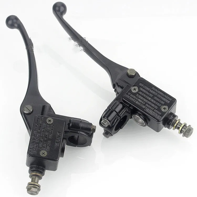 Black universal motorcycle brake card master pump with 10mm oil pipe connection, left or right hand version, single unit
