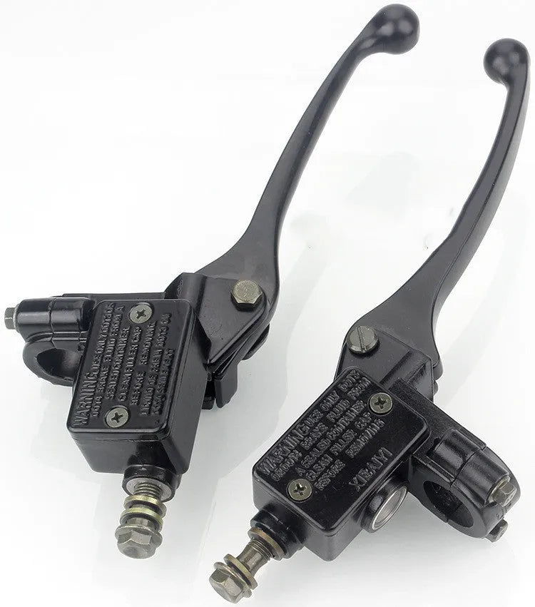 Black universal motorcycle brake card master pump with 10mm oil pipe connection, left or right hand version, single unit